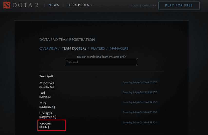 O nome nome de Yatoro diretamente no site da Valve.