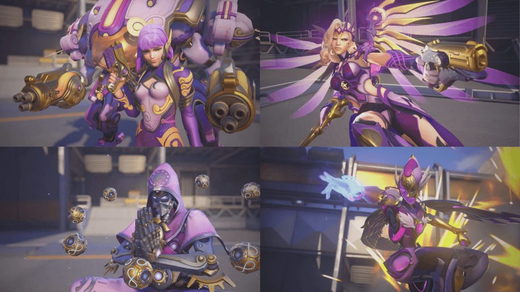 D.Va, Zenyatta, Mercy, and Echo in their Cosmic Skins