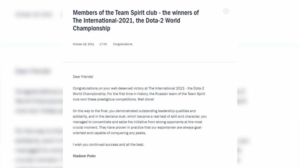 Putin Congratulates Team Spirit.