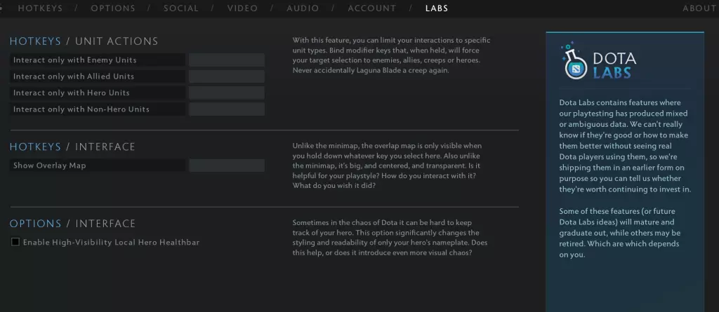 Dota Labs added to Settings
