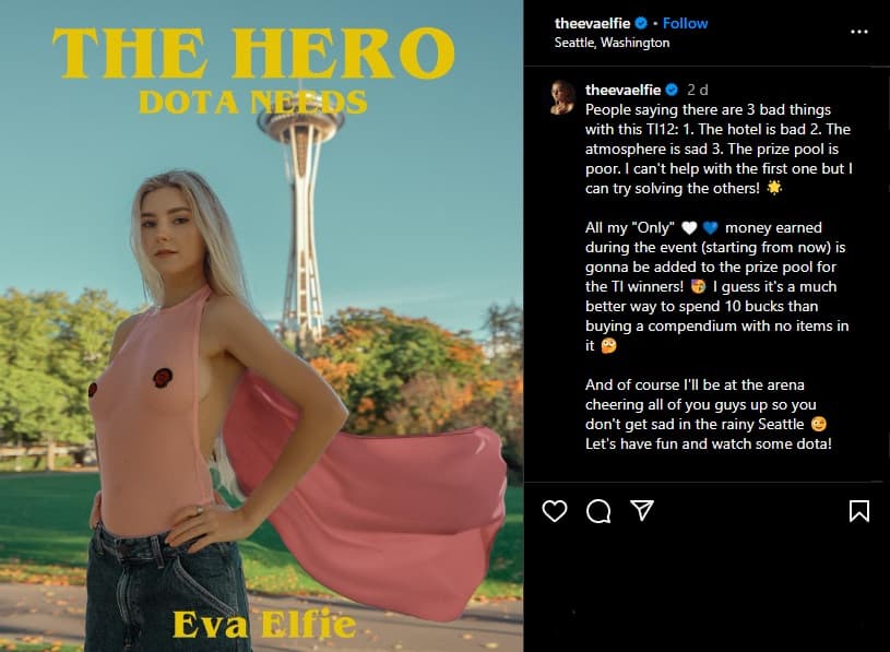 Eva's post declaring her intentions to add the "only" earnings to the TI12 prizepool