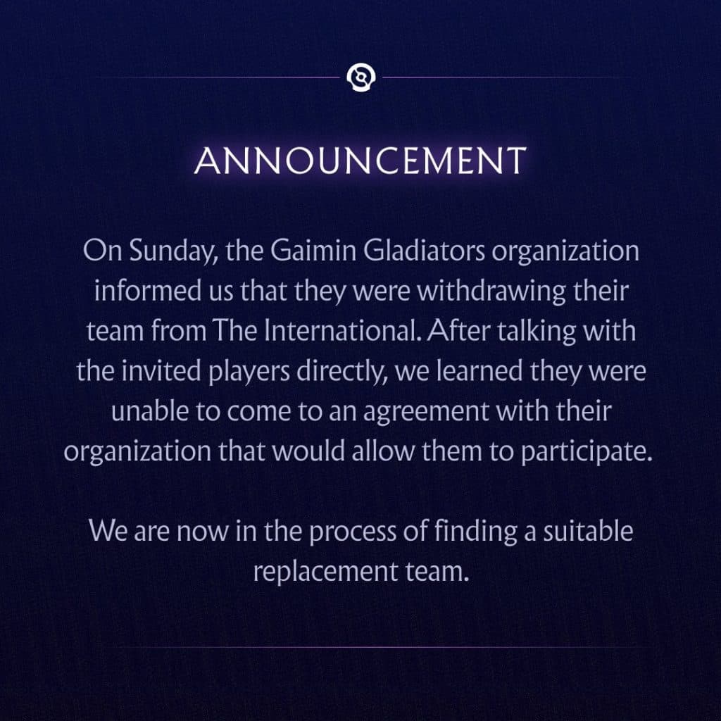 Gaimin Gladiators Drop Out of The International