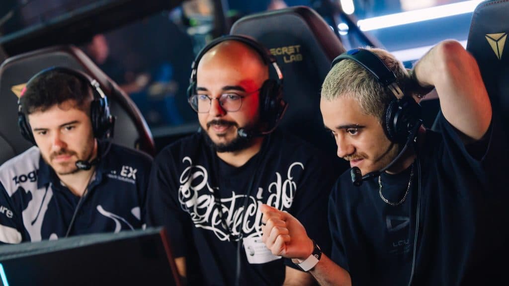 (L-R) Esports costreamer forsaken, Sacy and Coreano are seen at VCT Americas Stage 2 Grand Finals