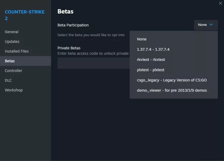 Accessing the Legacy version of CS:GO via Library > CS2 > Properties > Betas