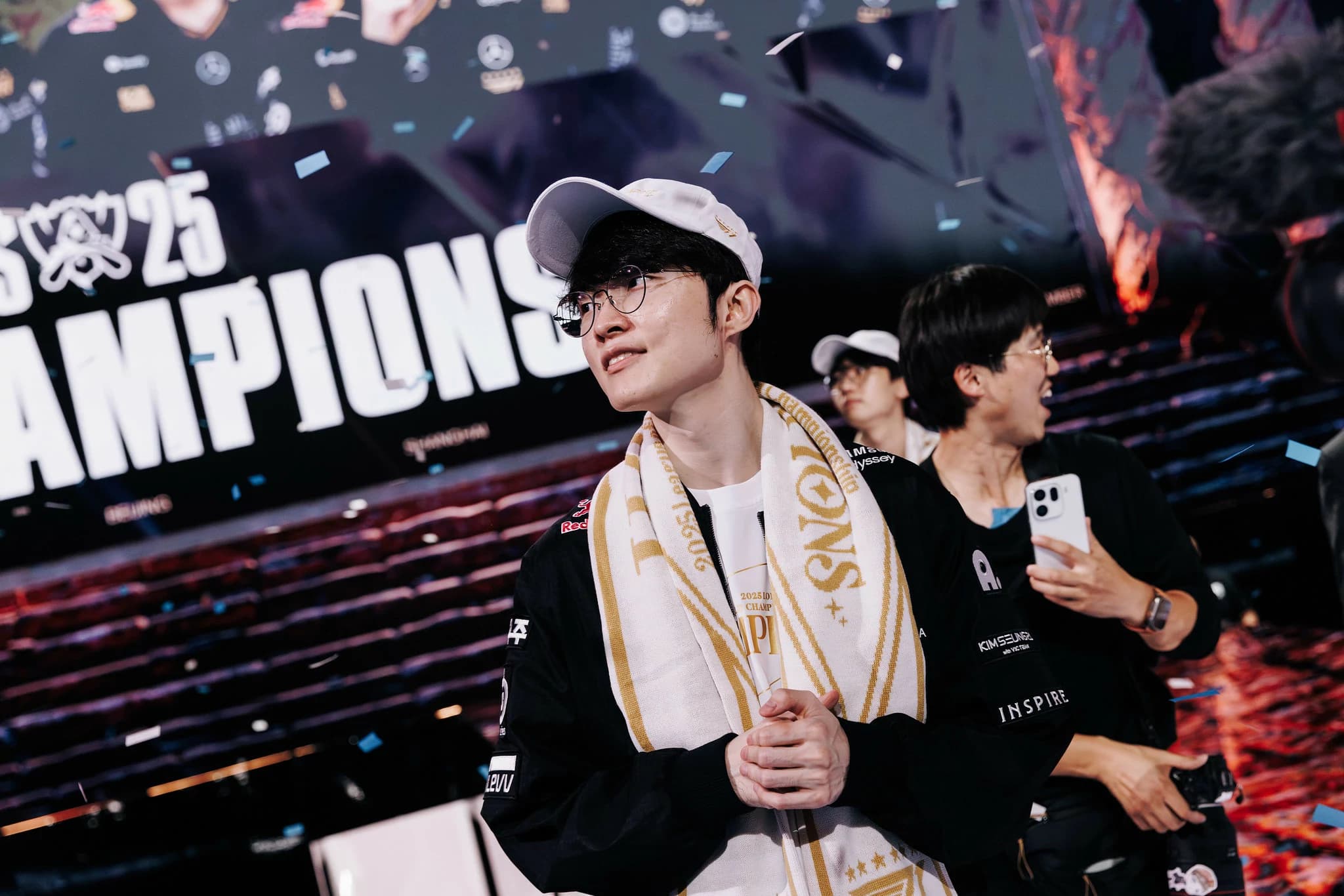 T1 Faker on stage after winning Worlds 2025