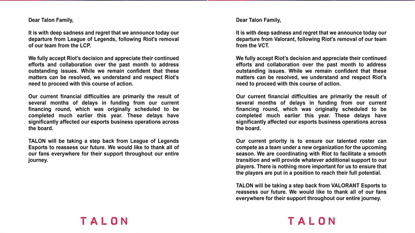 Resposta da Talon à rescisão pela Riot Games (Crédito: Talon no X)