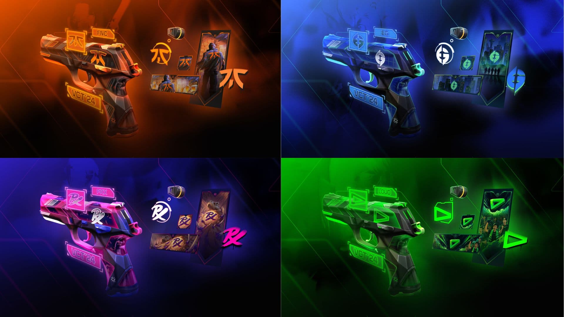 VCT Team Capsule (from top left to bottom right) for Fnatic, Evil Geniuses, Paper Rex and LOUD (credits: Riot Games)