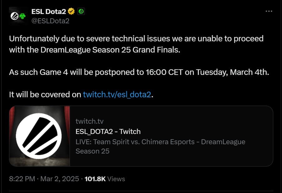 ESL announcement of the time and date of the postponed match between Team Spirit and Tundra Esports.