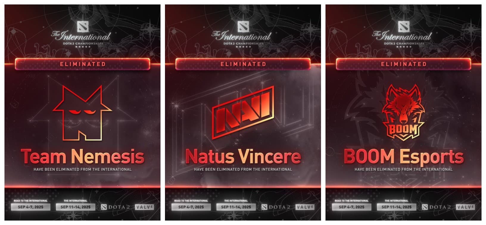 The first trio of teams eliminated from The International 2025.