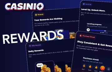 Casinio rewards programme interface displayed across multiple screens