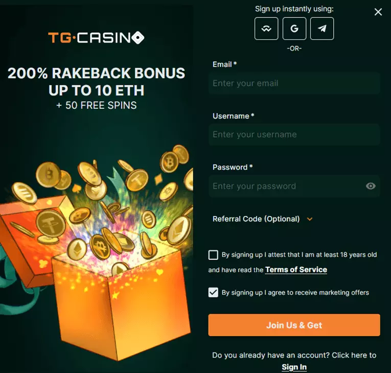 TG Casino register