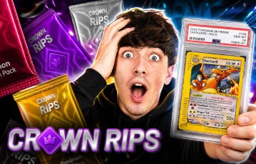 Excited reviewer holding Crown Rips trading card pack