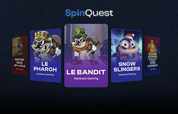 SpinQuest slot game titles displayed with character artwork