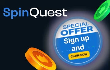 SpinQuest sign-up promotion with coin and bonus symbols