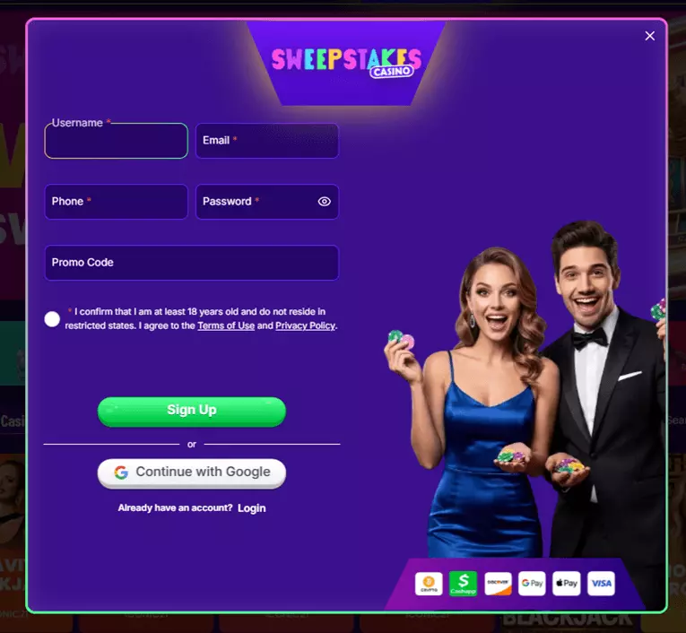sweepstakes casino register