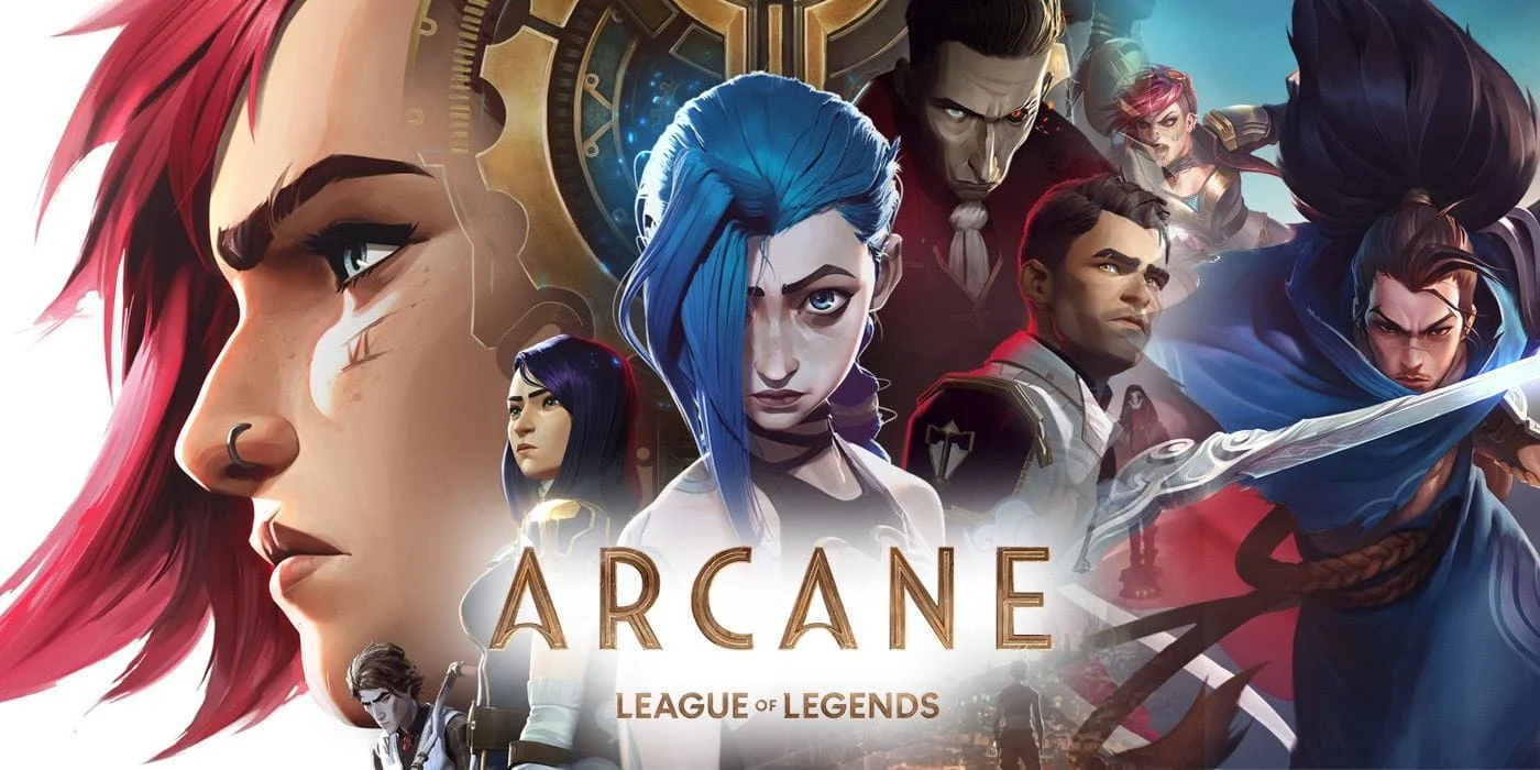 Arcane Netflix series promotional artwork featuring Jinx, Vi, and other League of Legends champions from the world of Runeterra