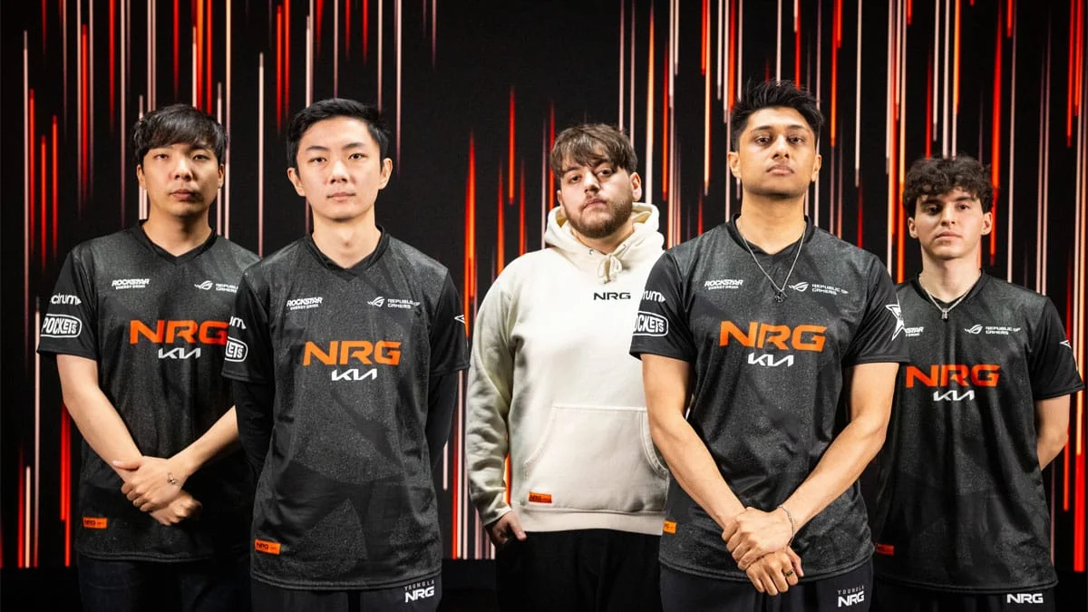 NRG Esports League of Legends team posing in official jerseys after winning the 2023 LCS Championship